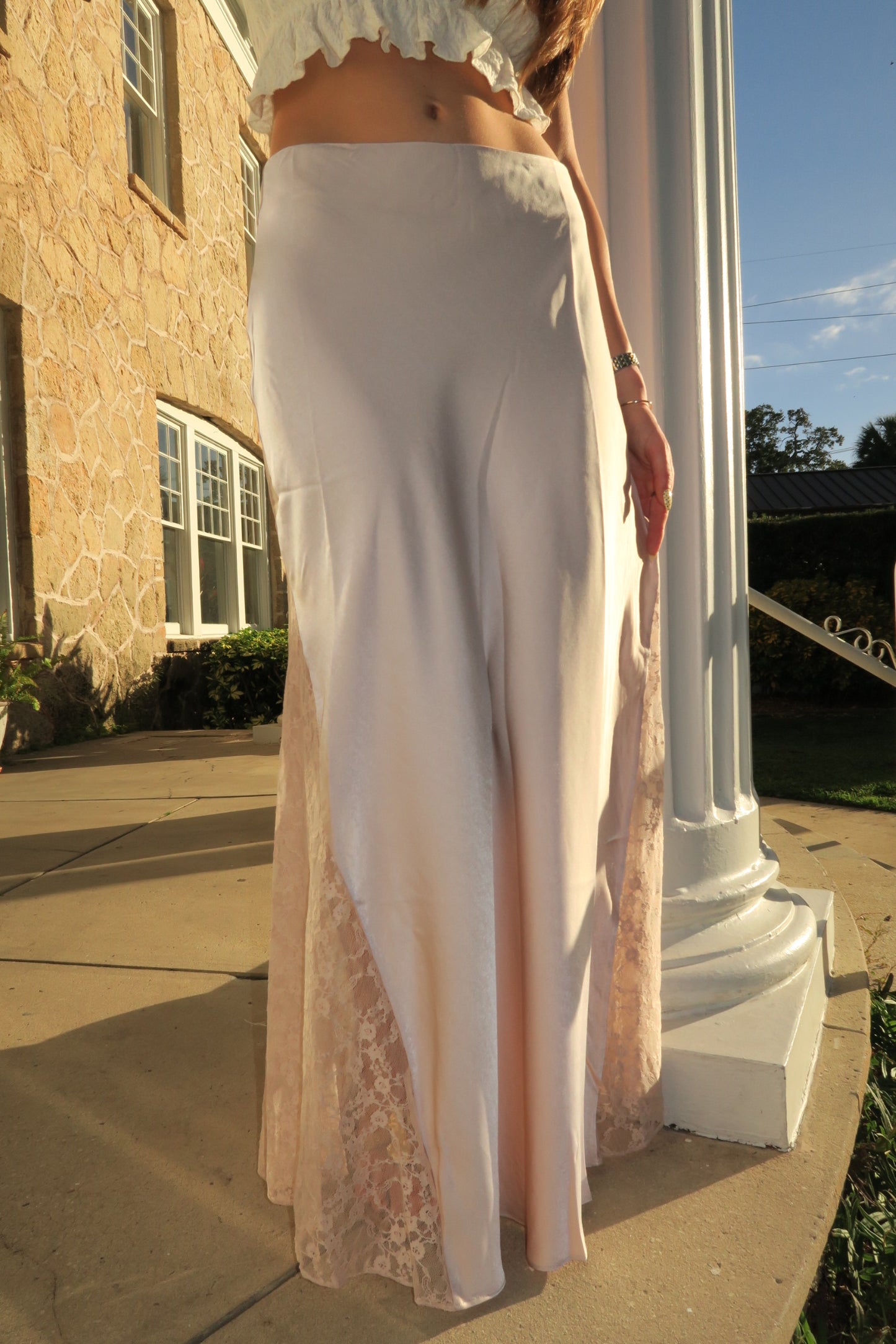 Champagne Satin Midi Skirt